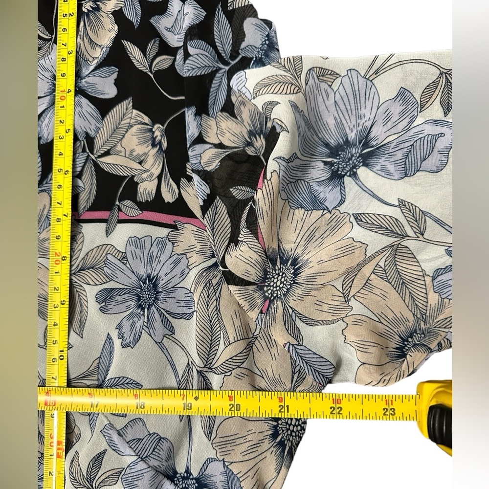 Maison Tara Blue Pink Black Tan Gray Floral Nouveau Chiffon Midi Dress Size 14 - Picture 8 of 12